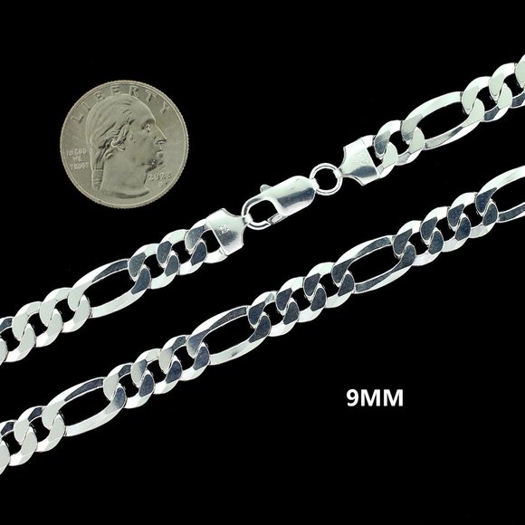 Real 925 SOLID Sterling Silver 9mm Figaro Link Chain Necklace 18" inch - Picture 2 of 6